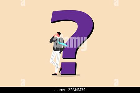 Doubtful businessman contemplates, seeking answers with a big question mark, representing question or problem solving and FAQ. Stock Vector