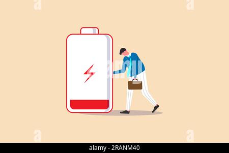 Tired and exhausted businessman, experiencing low energy, stress, and anxiety due to unhealthy work conditions, depicted with a low battery sign while Stock Vector