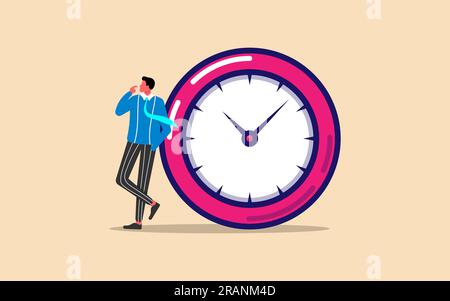 Thoughtful businessman time procrastination or work-life lazy, flat vector design... Stock Vector
