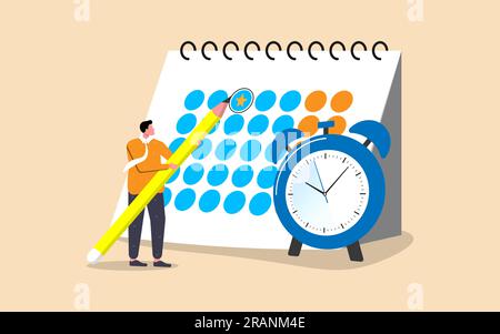 In a stock illustration, a businessman circles an important date event on a calendar, representing a reminder for meetings, deadlines, or appointments Stock Vector