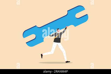 Businessman running carrying a heavy big wrench burden, flat vector illustration Stock Vector