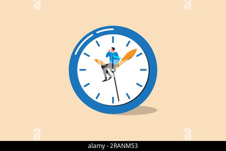 Thoughtful businessman siting on a clock, time procrastination or work-life lazy, flat vector design... Stock Vector