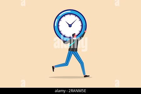 Depressed businessman running carrying a heavy big clock burden, flat vector illustration Stock Vector