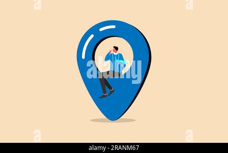 Thoughtful businessman sitting on a location icon, location tracking, flat vector illustration.. Stock Vector