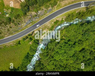 Aerial view of the Noguera de Tor river in the Boí valley at the zone of the Llesp reservoir (Alta Ribagorça, Lleida, Catalonia, Spain, Pyrenees) Stock Photo