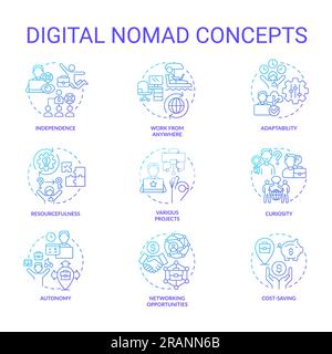 Digital nomad blue gradient concept icons set Stock Vector