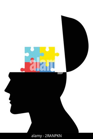 Opened human head silhouette with colorful jigsaw puzzle symbolizing autism Stock Vector