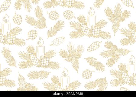 golden seamless pattern with advent, christmas candle, fir tree branches and cones- vector illustration Stock Vector