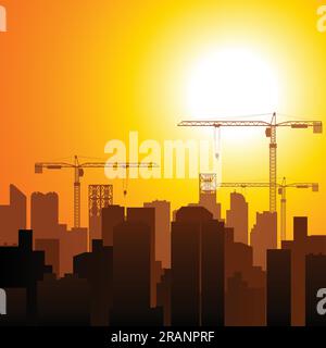 Graphic illustration of construction cranes and buildings, development, developing, growth, theme Stock Vector