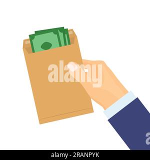 businessman holds envelope with money;, salary, savings, bribe, loan, wealth concept  - vector illustration Stock Vector