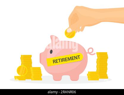 hand putting a golden coin inside piggy bank, concept of saving money for retirement- vector illustration Stock Vector