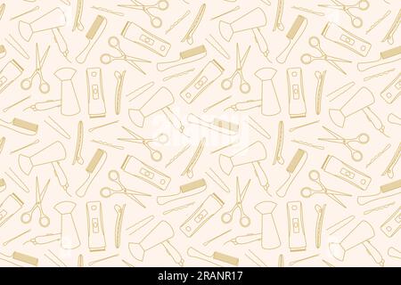 seamless hairdressing tools pattern: hairdryer, clipper, comb, scissors, hair bulb, clip and bobby pins- vector illustration Stock Vector