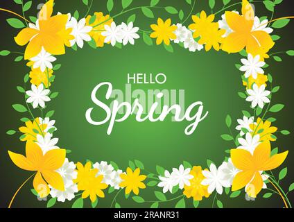Hello Spring text on flowers frame background, spring flowers background Stock Vector
