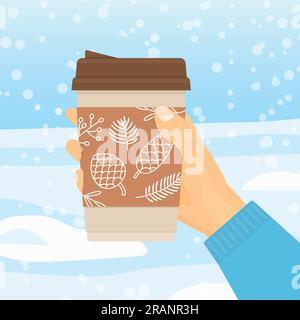 hand holds winter, christmas take away coffee, chocolate, tea - vector illustration Stock Vector