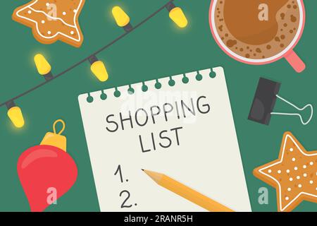 christmas shopping list written on a paper sheet with coffee, lights, bauble, gingerbread cookies, pencil- vector illustration Stock Vector