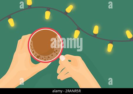 top view composition of hands holding coffee cup and glowing christmas ights- vector illustration Stock Vector