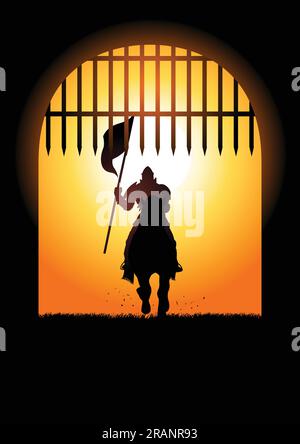 Silhouette of a medieval knight on horse carrying a flag Stock Vector ...