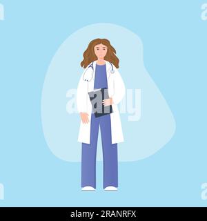 young female doctor with stethoscope and clipboard icon - vector illustration Stock Vector