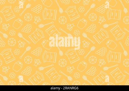 honey seamless pattern: beehive, honeycombs, dripper, jar, bee and flower- vector illustration Stock Vector