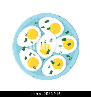 halved of boiled eggs with chives on a plate - vector illustration Stock Vector