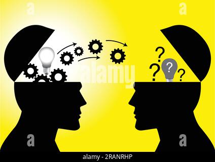 Knowledge or ideas sharing between two people head, transferring knowledge, innovation, brain storming concept Stock Vector