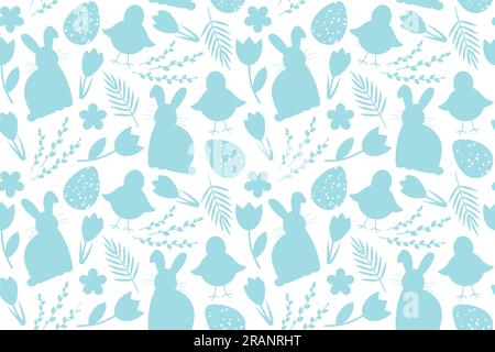easter seamless pattern with rabbits, baby chickens and floral elements - vector illustration Stock Vector