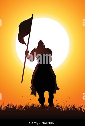 Silhouette of a medieval knight on horse carrying a flag Stock Vector