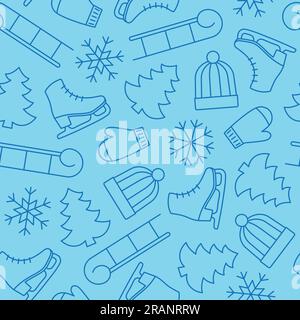 christmas, winter seamless pattern with snowflake, sleds, ice skates, fir twig, hat and gloves - vector illustration Stock Vector