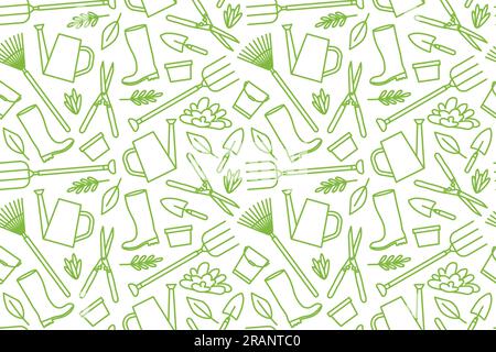 green seamless pattern with gardening tools- vector illustration Stock Vector