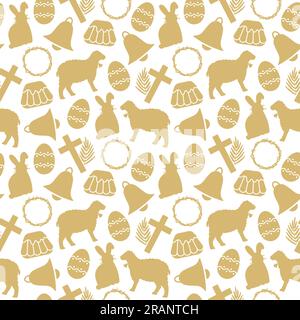 golden seamless pattern with Easter, Holy Week, Good Friday related icons: cross with palm leaf, crown of thorns, bell, lamb, bunny, egg and cake- vec Stock Vector