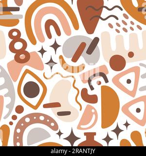 Abstract shapes seamless pattern. Boho organic shapes with warm color palette. Square repeat pattern design. Vector illustration. Stock Vector