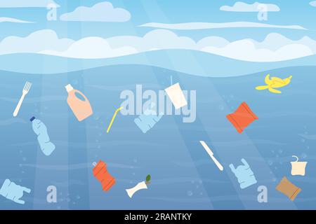 garbage floating in polluted ocean, save environment, oceans concept - vector illustration Stock Vector