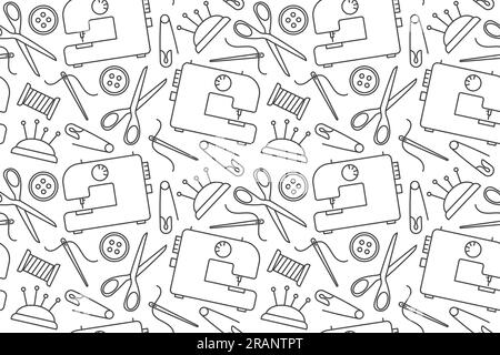 seamless sewing pattern with sewing machine, scissors, safety pins, buttons, needle with thread icons - vector illustration Stock Vector