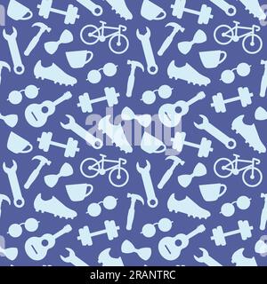 Father's Day seamless pattern with bow tie, eyeglasses, screwdriver, wrench, bike, guitar, coffee cup, soccer shoe, dumbbell, icons- vector illustrati Stock Vector