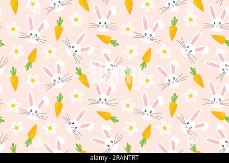 seamless easter pattern with rabbits, carrots and flowers - vector illustration Stock Vector