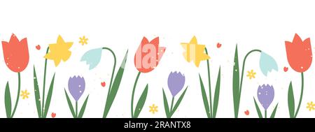 easter, spring banner with tulip, crocus, snowdrops and daffodil flowers- vector illustration Stock Vector
