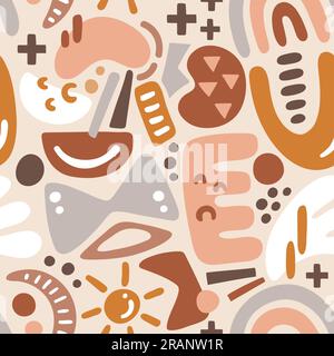 Abstract shapes seamless pattern. Boho organic shapes with warm color palette. Square repeat pattern design. Vector illustration. Stock Vector