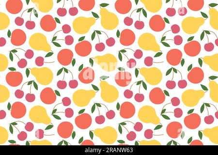 summer seamless pattern with apples, pears and cherries fruit - vector illustration Stock Vector