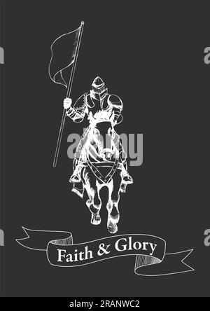 Sketch illustration of a medieval knight on horse carrying a flag Stock Vector