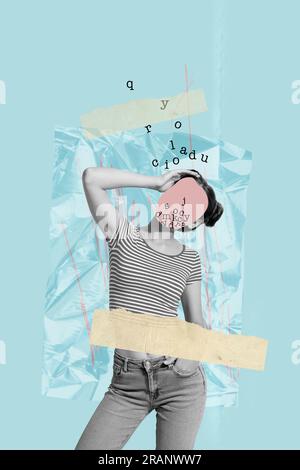 Collage 3d image of pinup pop retro sketch of funny young female faceless words text letters alphabet psychology blue background Stock Photo
