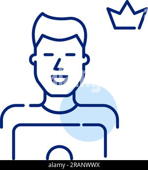 Premium user at laptop. Smiling young man with crown symbol. Pixel perfect icon Stock Vector