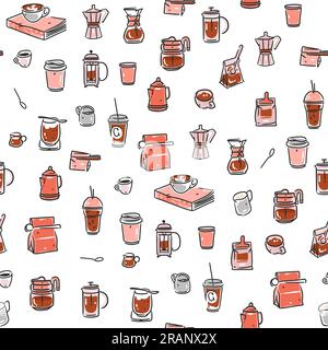 Hand drawn doodle coffee tools seamless pattern.Trending vector doodle illustrations for coffee shop and restaurant menu.Hand drawn coffee shop design Stock Vector