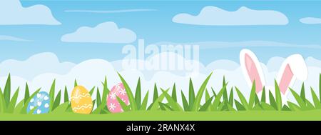 easter banner with rabbit ears and eggs in green grass- vector illustration Stock Vector