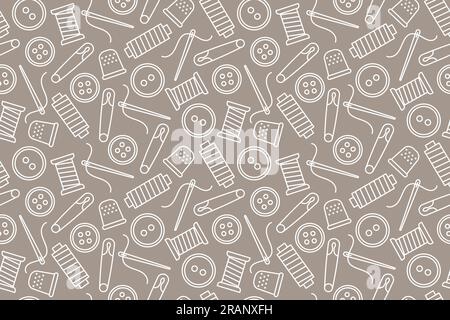seamless sewing pattern with thimble, safety pins, buttons, needle and thread icons - vector illustration Stock Vector