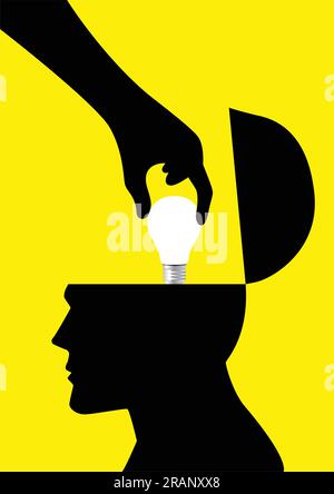 Silhouette of a hand picking up a light bulb from human head, analogy of stealing ideas Stock Vector