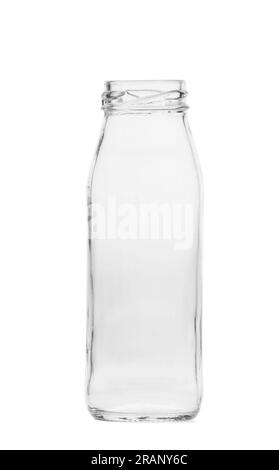 Empty glass transparent bottle for drinks isolated on white background. Glassware for milk, juice, water. Stock Photo