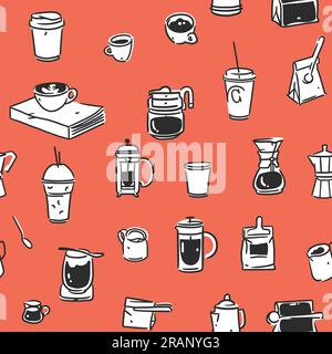 Hand drawn doodle coffee tools seamless pattern.Trending vector doodle illustrations for coffee shop and restaurant menu.Hand drawn coffee shop design Stock Vector