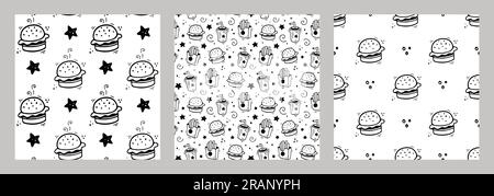 Hand drawn fast food combo with hamburger. Set of fast food seamless patterns. Comic doodle style. Vector Fast food illustration. Sketch of hamburger, paper cup of beverage, french fries box. Stock Vector