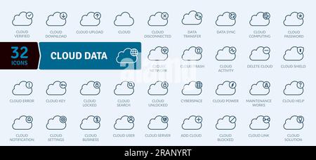 Data Cloud icons Pack. Thin line Collection Data Cloud Management Stock Vector