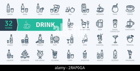Alcoholic, energy and spirit drinks.Types of Drink. Vector Icons Set. Stock Vector